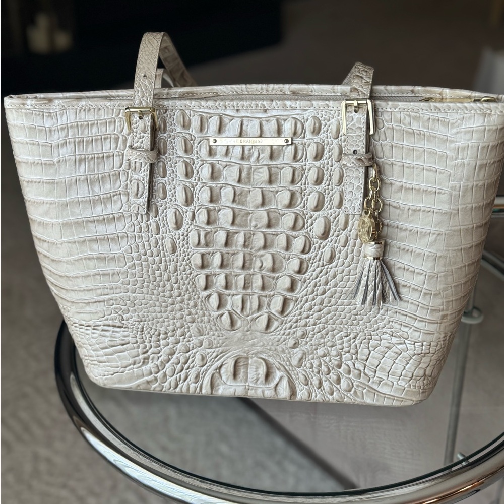 Brahmin Cream Croc-Embossed Tote